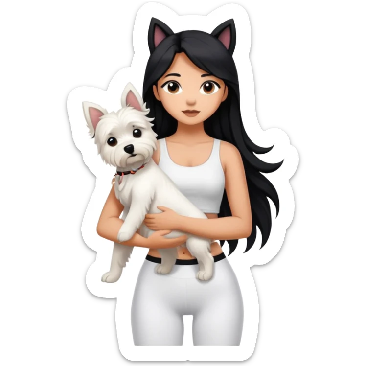 A girl with long black hair who wears white crop top and black legging, she is hugging a west highland terrier with big ears in her arm sticker