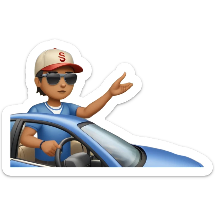 A person stands next to a car parked on the side of a long, open road. The sky ahead is clear and glowing, full of possibilities. One hand is on the steering wheel, the other points forward. The rearview mirror reflects storm clouds, but the windshield shows sunlit mountains ahead.  sticker