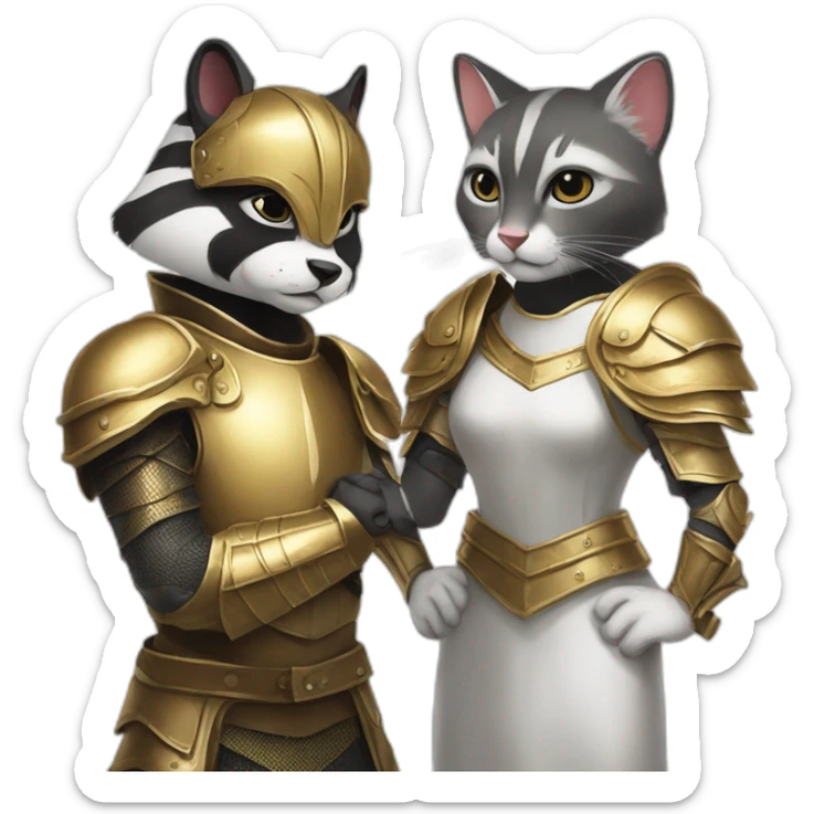 a badger with a lether armour beside a white female cat with a golden armour sticker