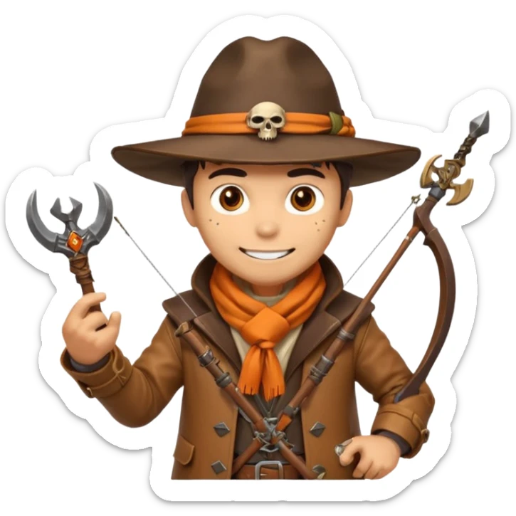 male human monster hunter emoji, wearing brown leather coat and wide hat, holding crossbow, with amulet shaped like skull, Halloween fantasy theme, confident smile, orange scarf, Apple emoji style, clean white background, square image sticker