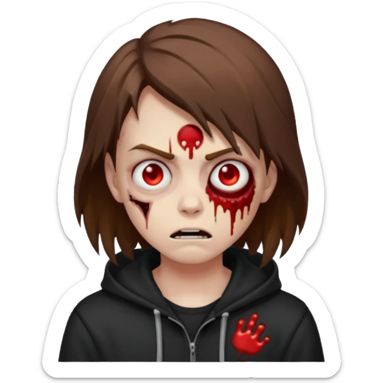 sleepy zombie character, brown jagged hair, black hoodie, emoji look sticker