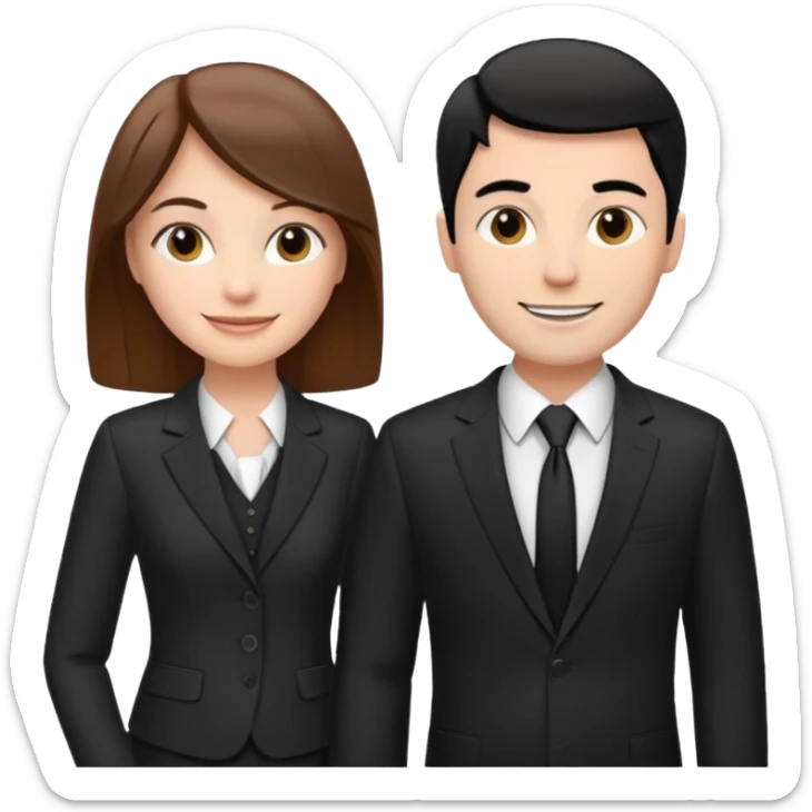 white woman with brown hair and white man with black hair in suits partnership sticker