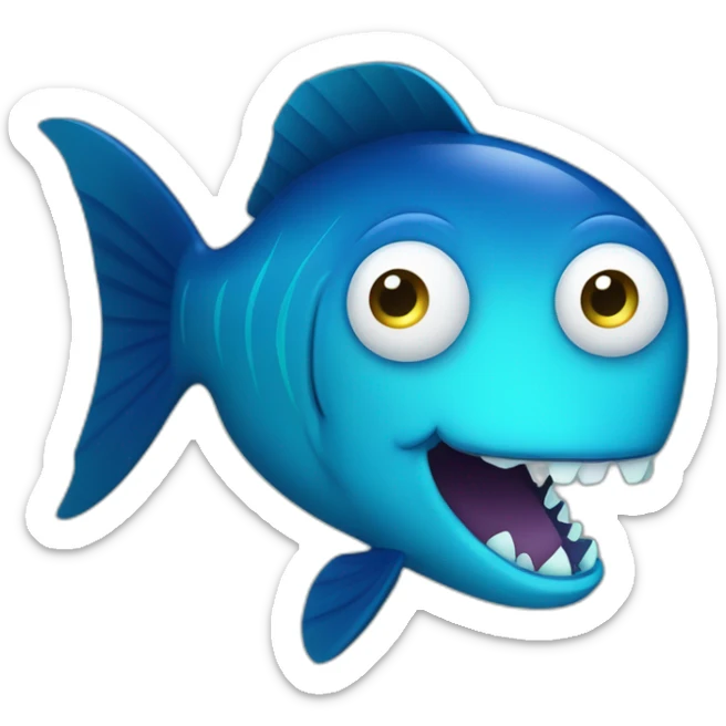 mythology dark blue fat oval with a cyan face and a cyan fish fin and a open mouth and big teeth sticker