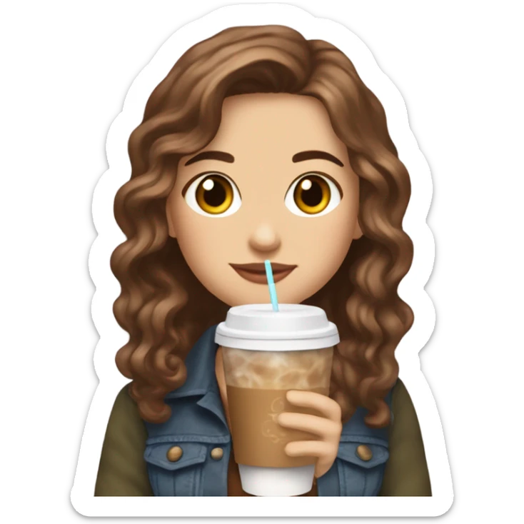 Full body aesthetic white girl with brown wavy hair and brown eyes sipping an iced americano in a cute coffee shop  sticker