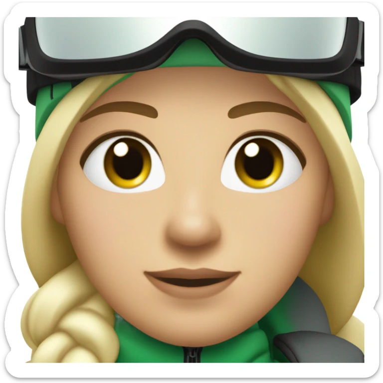 Green-eyed, fat female skier with medium-length straight blonde hair no curls, snow goggles on top of helmet, white ski helmet, gray snow jacket, green ski gloves, long black pants rolled up at the bottom, black only snow boots standing tall. sticker