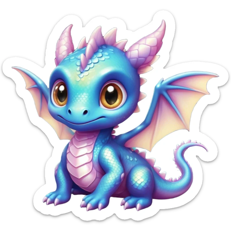 Airbrush painted image of an adorable little baby dragon with large glistening eyes under a deep galactic sky with pearlescent scales and wings spread against the stars sticker