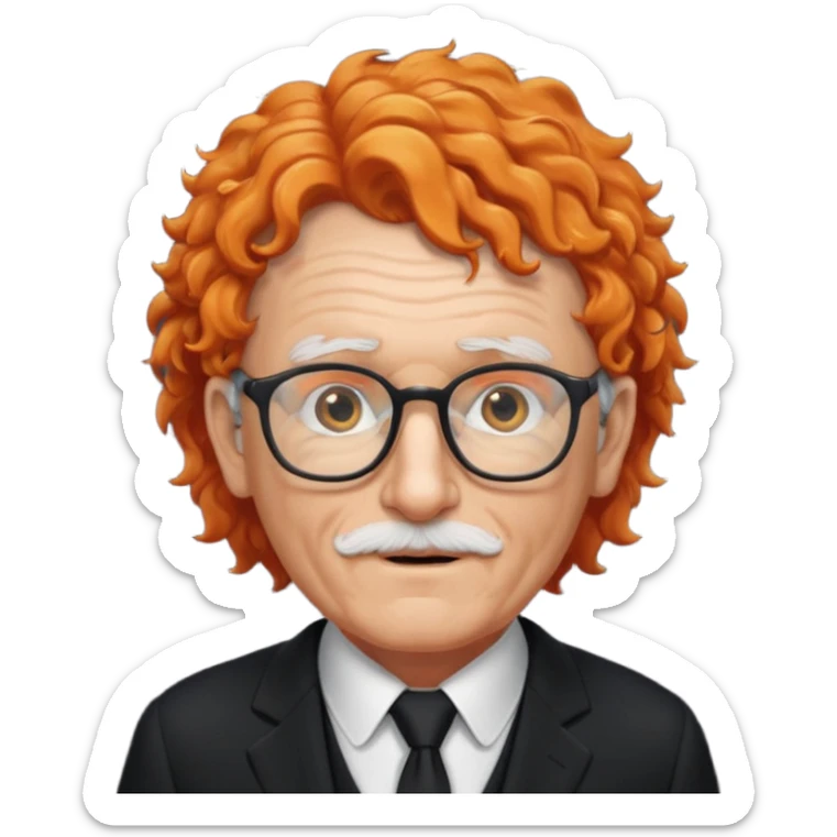 old man, orange curly hair, no mustache, wearing glasses, long face, wearing a black suit sticker