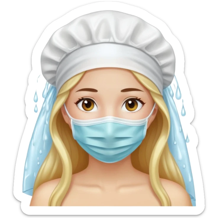 A beautiful girl with long hair wears a face mask and a white shower cap sticker