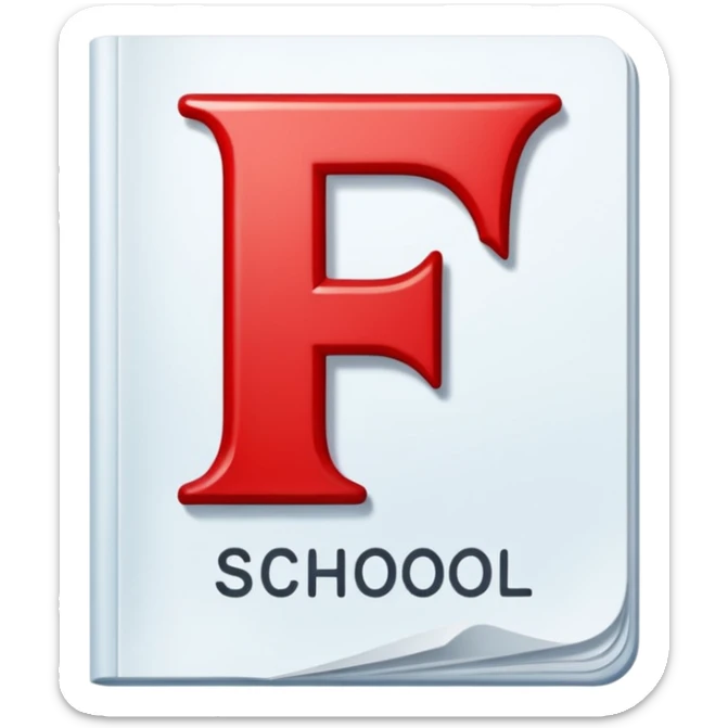 A report card from school is showing that the student is failing a class at school. The report card has the word "school" written on it. The failing grade is indicated by large red letter F on it. The paper or document should not be crumbled up but rather neat and clean. sticker
