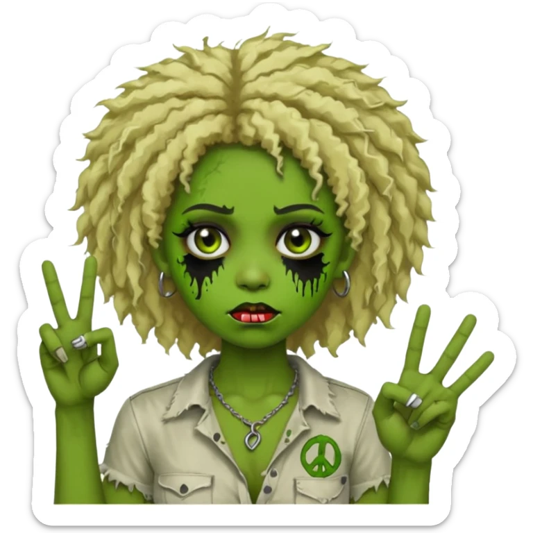 girl, green zombie,blonde afro, medium long, shaggy, dark, spooky,double eyebrow dermal piercing,peace sign sticker