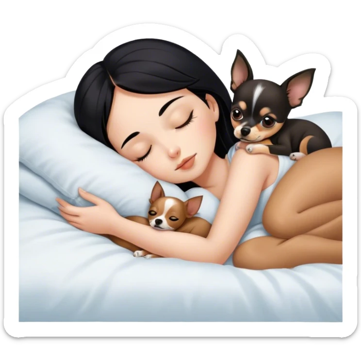 Girl with black hair sleeping in bed with one brown chihuahua  sticker