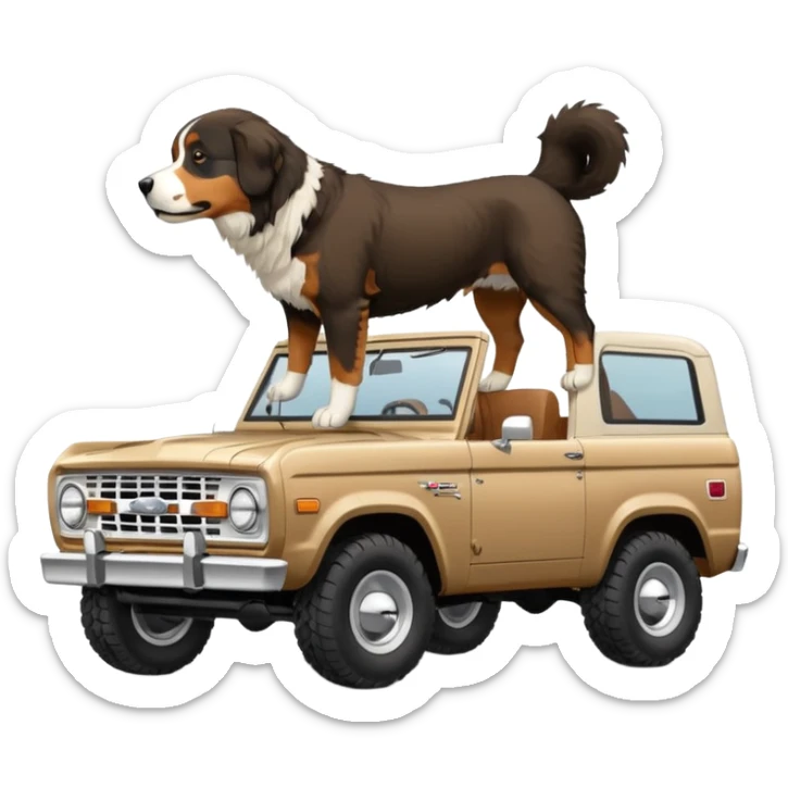 Sand colored ford bronco with no roof and Bernese mountain dog in the back sticker