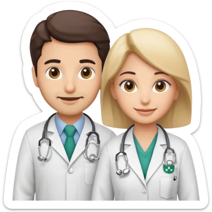 A cute cartoon-style emoji of a Saudi male and female doctors wearing white lab coats with the Alfarabi Medical Laboratories logo. Friendly smiles, soft colors, and simple features, suitable for medical branding and social media. sticker