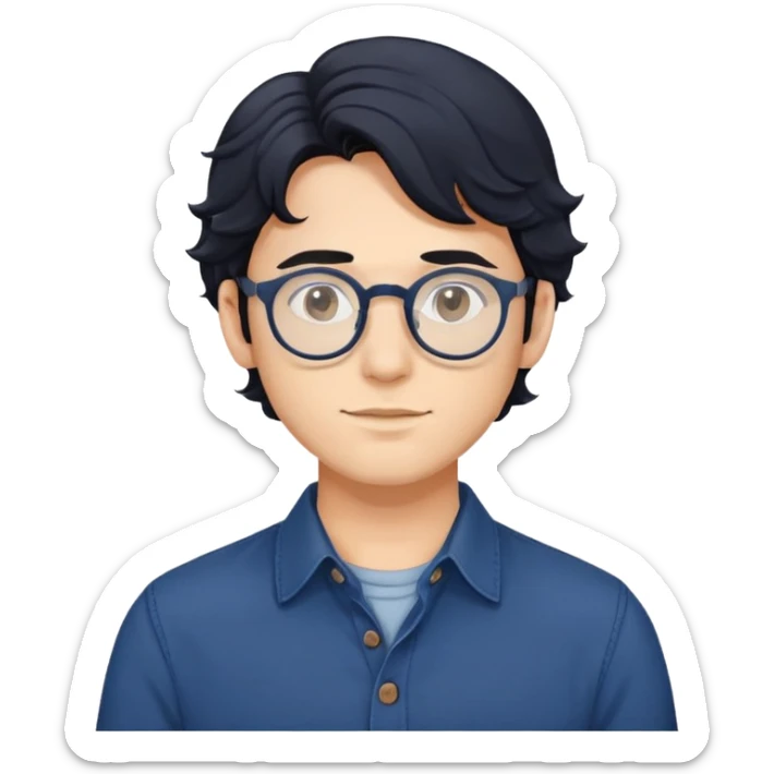 Torso view of young man with longer wavy black hair, round glasses, dark blue casual buttoned shirt sticker