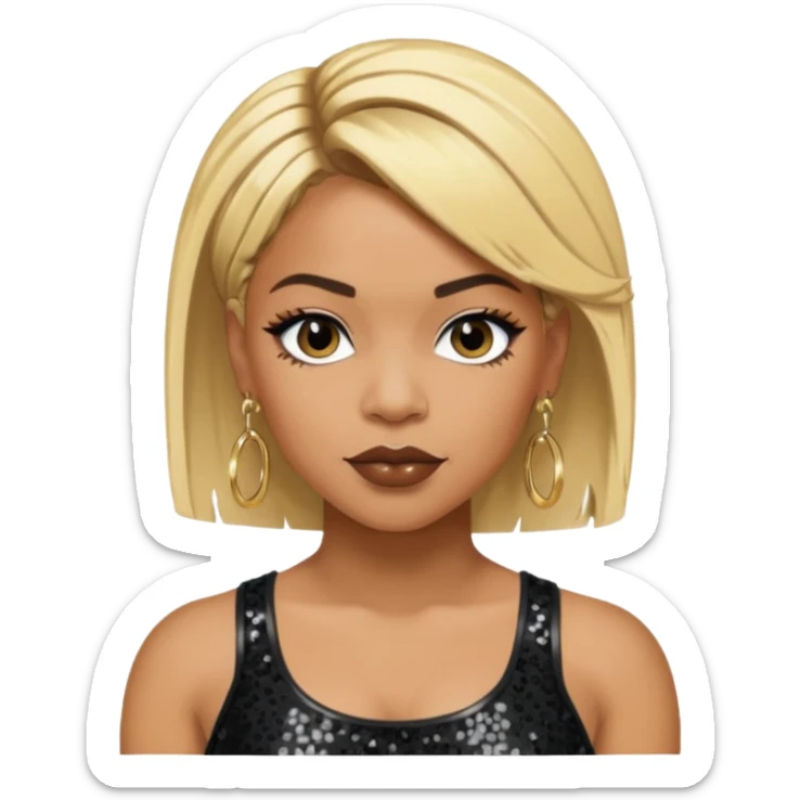 T Boz from TLC with short blonde hair, black sequin crop top, black earring sticker