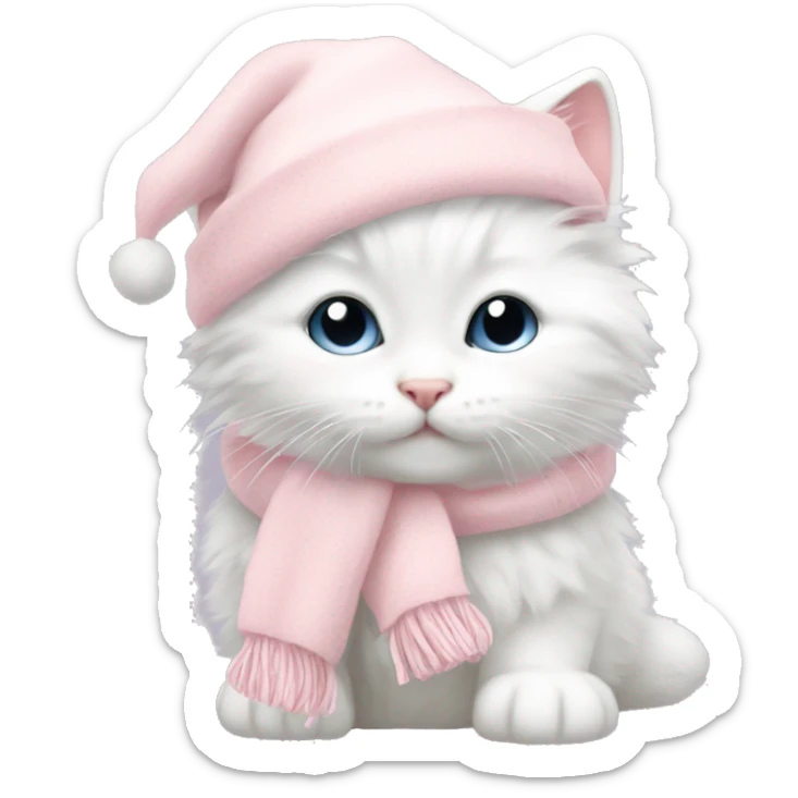 fluffy white winter kitten with pale pink christmas hat and pale pink scarf sticker