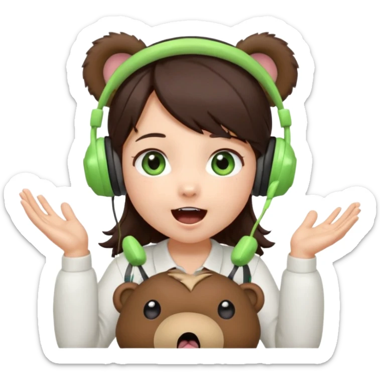 Chibi girl, dark brown hair, green eyes, wearing a white shirt and small brown bear ears on a headset, with wide happy surprised eyes and mouth and clapping excitedly sticker