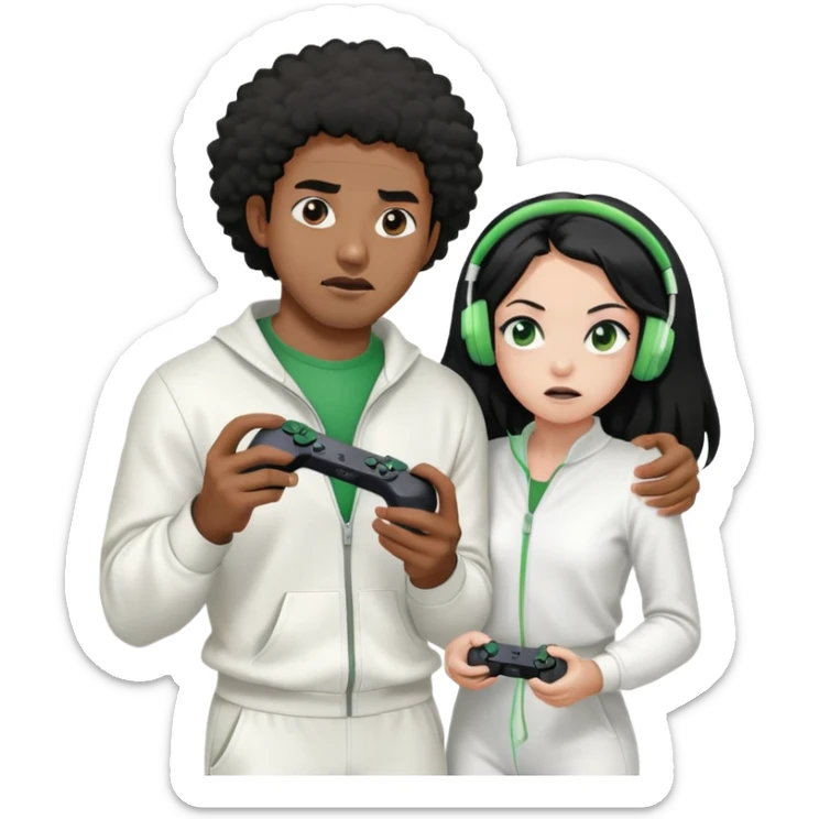 A black man wearing a white jump suit, green headphones and holding a ps5 controller being strangled by a mad, young, Hispanic woman with long black hair sticker