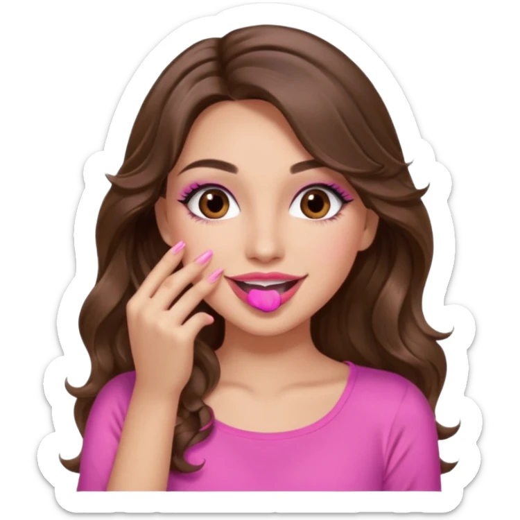 girl with long wavy brown hair, brown eyes, long lashes makeup, sexy pink lips, light to medium complexion, pink sexy top, smiling, hand covering  sticker