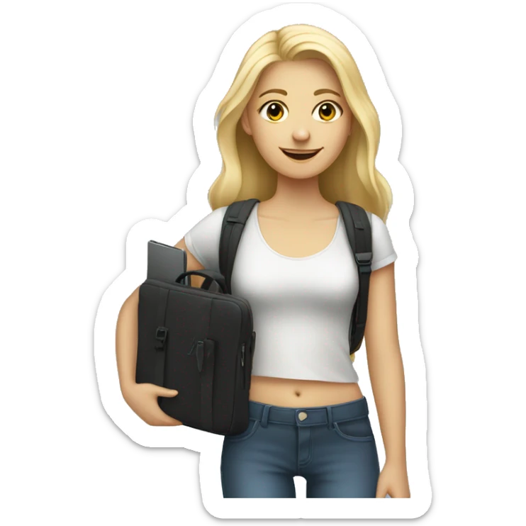 A tall blonde teenager, 17 years old, holding a laptop bag sticker