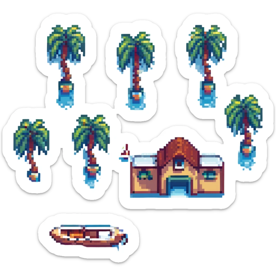cozy seaside cottage on a sandy shore, pixel art emoji style, 32x32, vibrant colors, blue water, palm trees and boats in the distance sticker