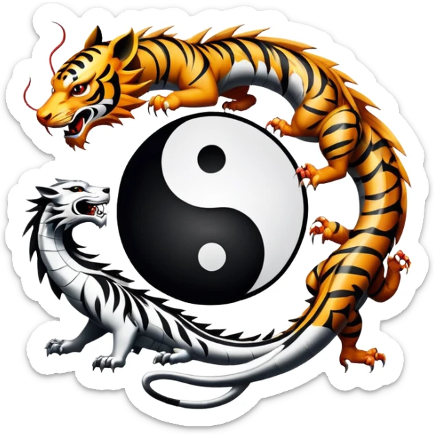An icon symbolizing Eastern martial arts in the style of an emblem, featuring a black-and-white Yin-Yang symbol, a dragon, and a tiger. The dragon and tiger represent strength and agility, surrounding the symbol. Traditional elements like bamboo add to the design. Transparent background. sticker