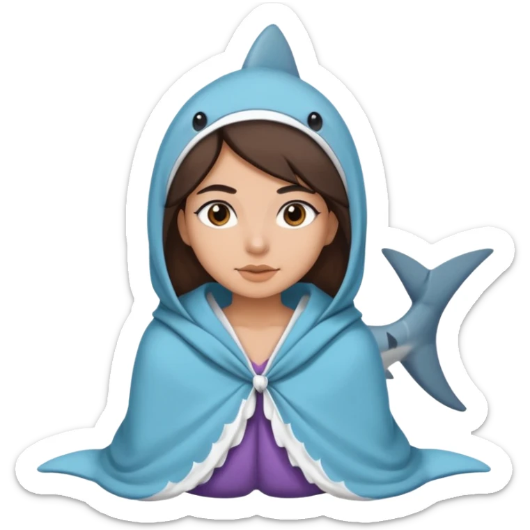 Egyptian-haired girl with black eyebrows, brown hair, Iranian descent, wearing a shark costume with a blanket. sticker
