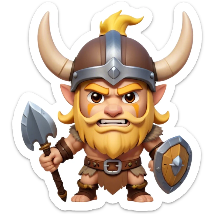 Clash of Clans style: Cinematic Fierce Barbarian Portrait Emoji, Poised and bold with a rugged, cartoonish build in tattered furs and a whimsical horned helmet, bright expressive eyes and a confident smirk, Simplified yet dynamic features, highly detailed, glowing with a vivid, adventurous aura, high shine, heroic and spirited, stylized with an air of medieval warrior charm, focused and energetic, soft glowing outline, capturing the essence of a fearless barbarian adventurer ready to lead his clan with spirited valor! sticker