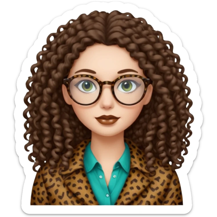 a blue green eyed woman with very very long brunette curly hair, full lips,and pale skin. She is wearing a leopard printed thin round-ish glasses . She is wearing brown clothes. sticker