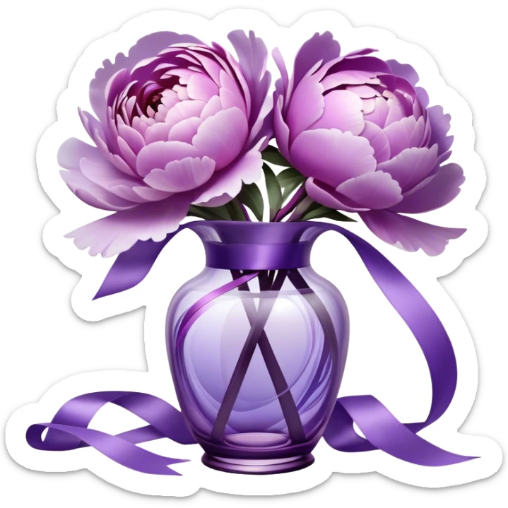 "Abstract peonies in shades of light purple and lavender, blending like soft brushstrokes. A glowing purple glass vase with surreal reflections, wrapped in a weightless, swirling satin ribbon."
 sticker