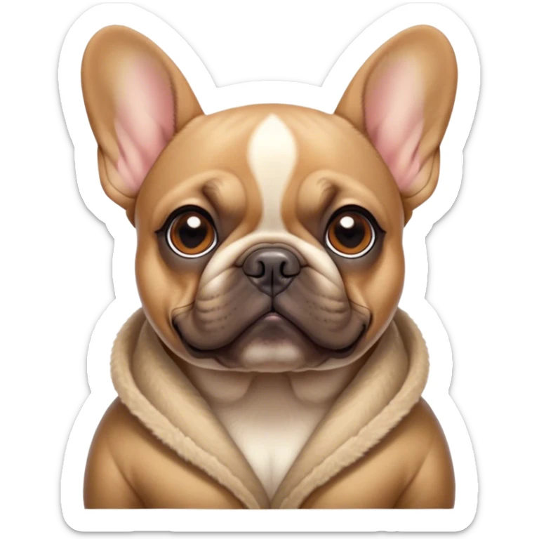 Cinematic Noble Fawn French Bulldog Portrait Emoji, Poised and regal, with a compact, muscular build and a sleek, well-groomed fawn coat, deep-set soulful dark eyes, Simplified yet sharp and sophisticated features, highly detailed, glowing with a soft, dignified glow, high shine, intelligent and determined, stylized with an air of authority, focused and attentive, soft glowing outline, capturing the essence of a watchful and confident companion, so majestic it feels as though it could strut out of the screen with effortless authority! sticker