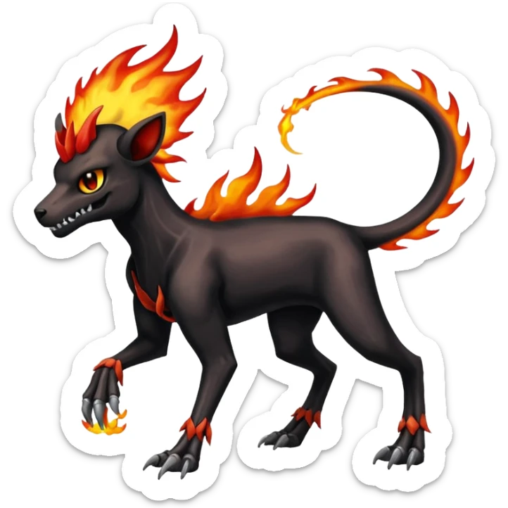 Badass black skeletal cool shiny Houndoom-Charmeleon-Fakémon-hybrid-creature (full body)  with flamey Mohawk  sticker
