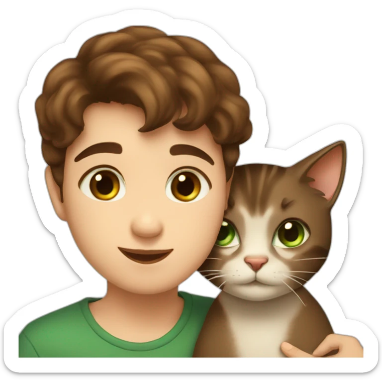 Girl with brown eyes and brown hair kisses the boy with brown hair and green eyes and hugs brown cats sticker