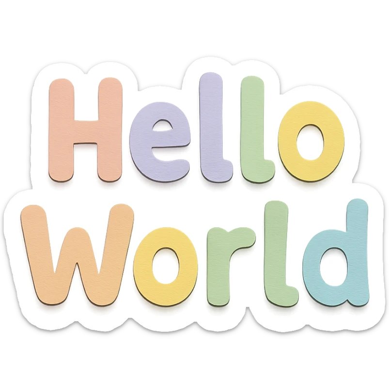 hand-drawn rounded font "Hello World" in soft pastel rainbow cute bold letters, no outline, transparent background sticker