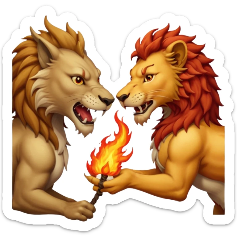 un dragon et un lion en combat, le lion crache du feu sur un loup, action intense sticker