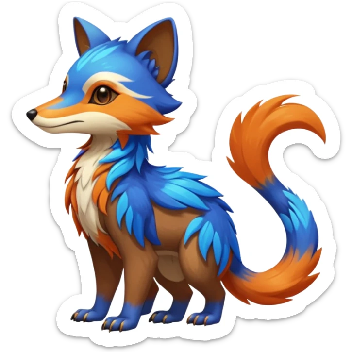 Colorful brown with blue and orange tropical exotic shiny beautiful fantasy-Vernid-Cacomistle-animal-Fakémon-hybrid-fursona (full body) sticker