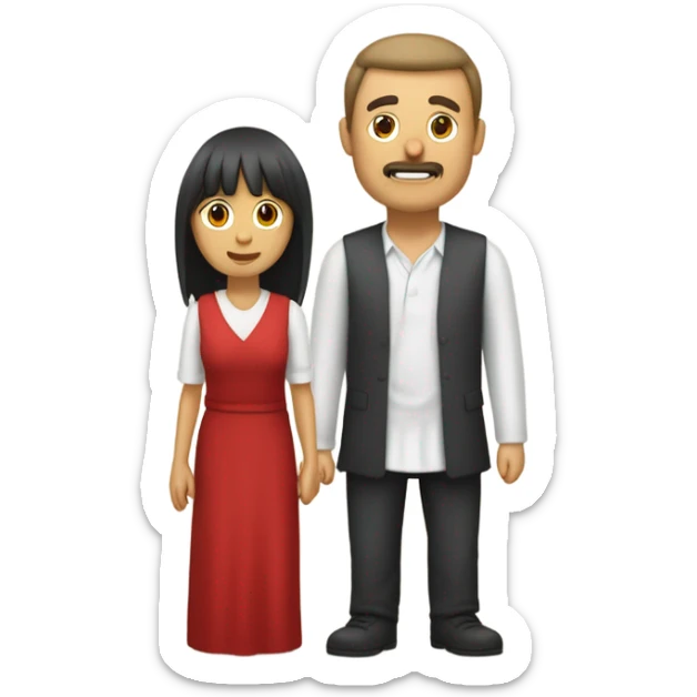 Hombre de pelo morocho y corto abrazado a una mujer de pelo lacio rojizo y con flequillo sticker