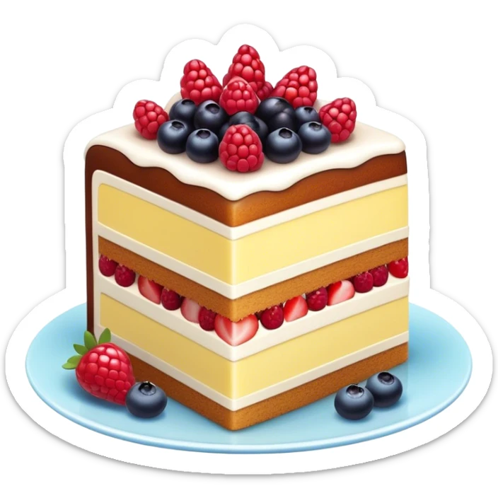 Cinematic luxurious slice of cake, delicate layers of moist sponge and rich frosting, beautifully decorated with fresh berries and a glossy glaze, soft glowing light, elegant and indulgent. sticker
