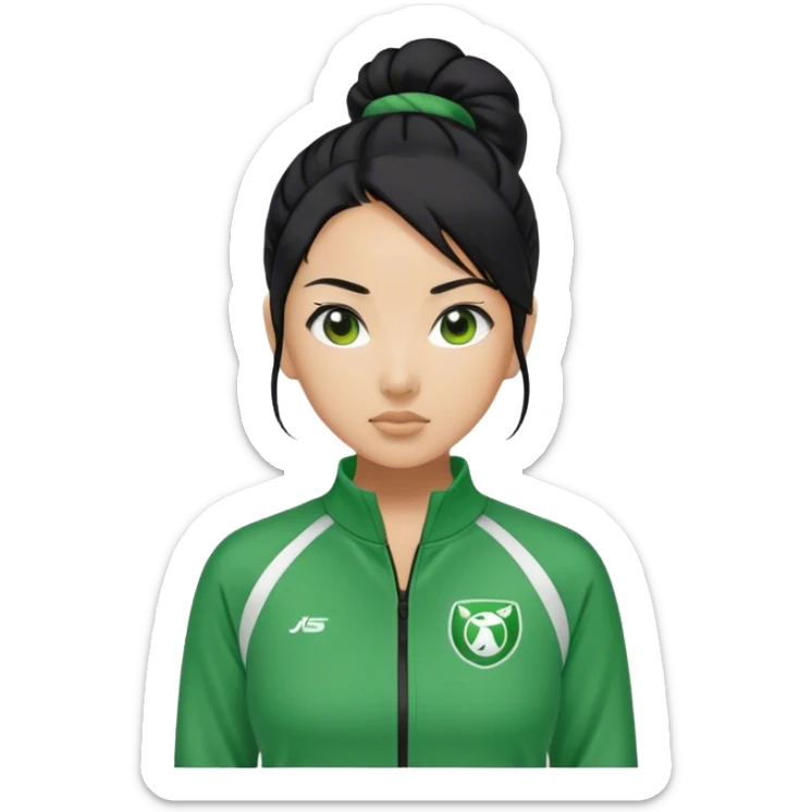 Cha: Age Late 50s, a Asian woman with black hair tie, Green player tracksuit sticker
