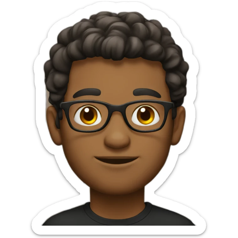 Brown guy, no facial hair, round glasses, black t shirt sticker