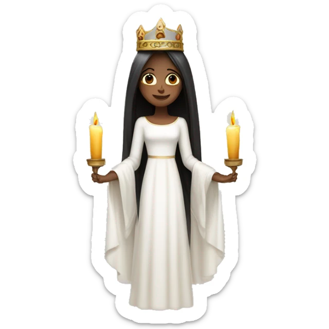 lucia with candles in her lucia crown with dark long hair and a white long sleeved gown sticker