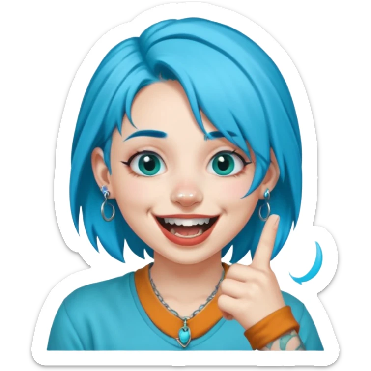 Cyan blue haired girl with double nose piercing septum piercing laughing in a menancing way and holding up middle finger  sticker
