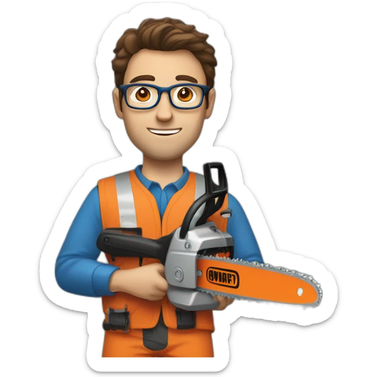 a guy with brown hair, square glasses, an orange repairman's suit, blue eyes, with a chainsaw sticker