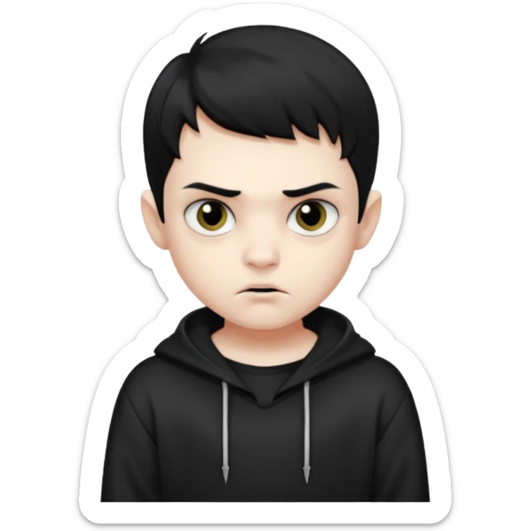 Vampire boy with the short black hair, pale-white skin, black eyes, little fangs and dark circles under his eyes. He has serious face and he wear a black oversize sweatshot sticker