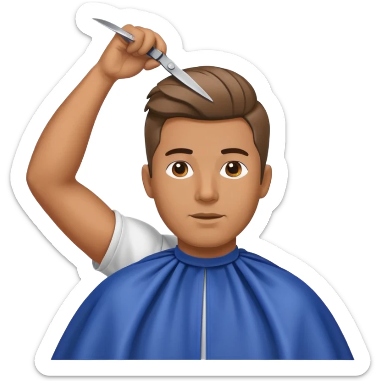 a man with a large face, wearing a barber cape, having his hair cut with scissors above his head sticker