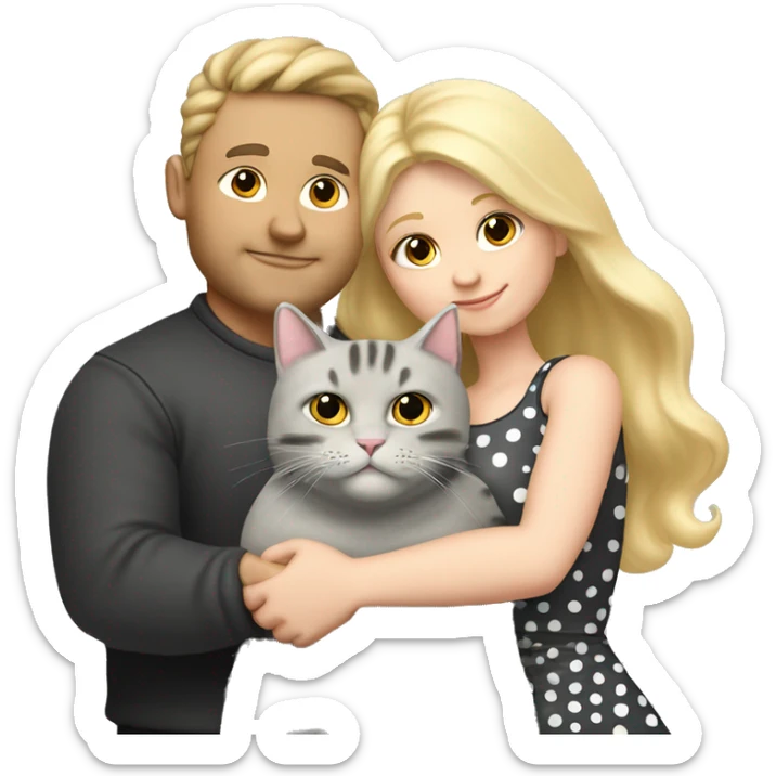 3 objects - a beautiful blonde with long hair and a polka-dotted dress, a bald handsome man in a cap and a rock T-shirt, and a fat gray cat with black spots. The man hugs the blonde and holds the cat in his hands sticker