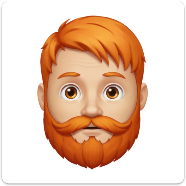 Memoji-style avatar, round-faced character with orange hair, full orange beard, expressive eyes, simple background sticker