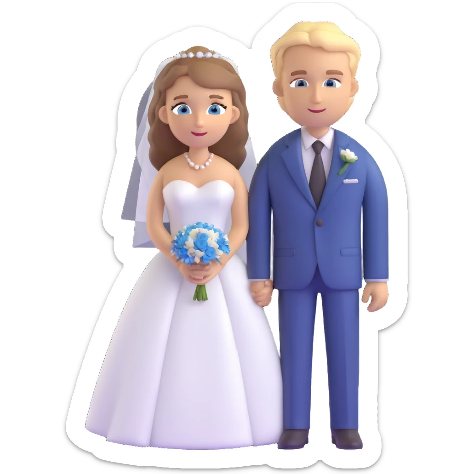 portrait of a bride with light brown hair and grey-blue eyes, and a groom with blonde hair, blue eyes, wearing a brown suit sticker