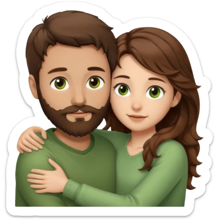a man with short brown hair and brown beard with brown eyes and a girl with long brown wavy hair with green eyes, togheter. neutral clothes, hugged each other sticker