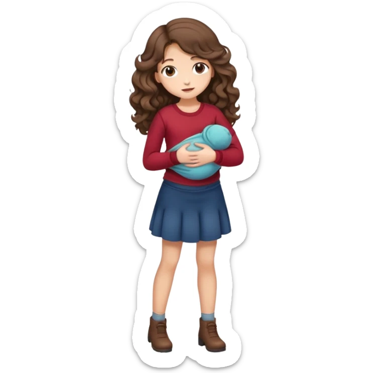 Girl with curled brown long length hair with stomach ache full body and clothes sticker
